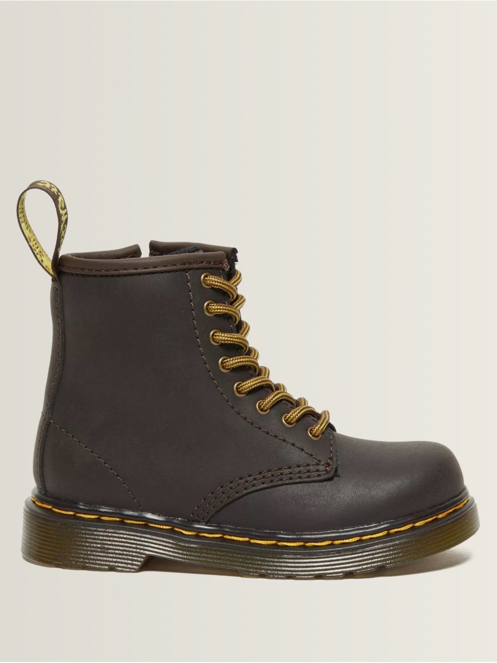 Dr. Martens Toddler Dark Brown Leather Lace-Up Boots with Yellow Stitching. New